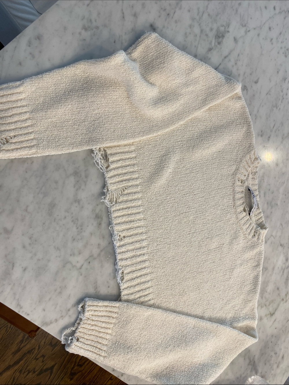Zara Cream Distressed Cropped Crewneck Sweater